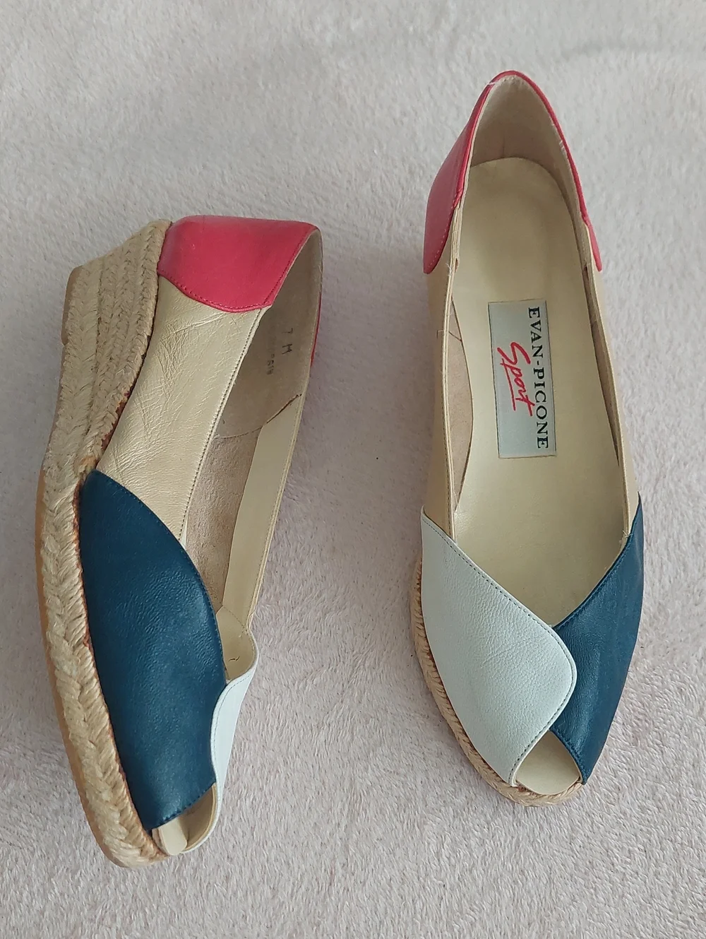 EVAN PICONE SPORT Peep-Toe Espadrille Wedges in Colors Navy, Gold, White & Red
